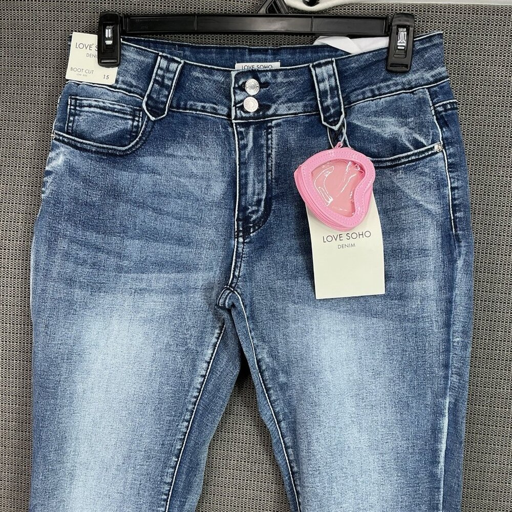 Love Soho Jeans Women’s Size 15 High Rise Flare Blue Denim Stretch - Picture 3 of 14